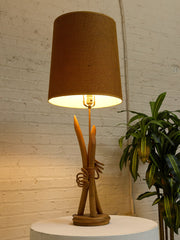 Vintage Sculptural Wood Table Lamp with Woven Shade