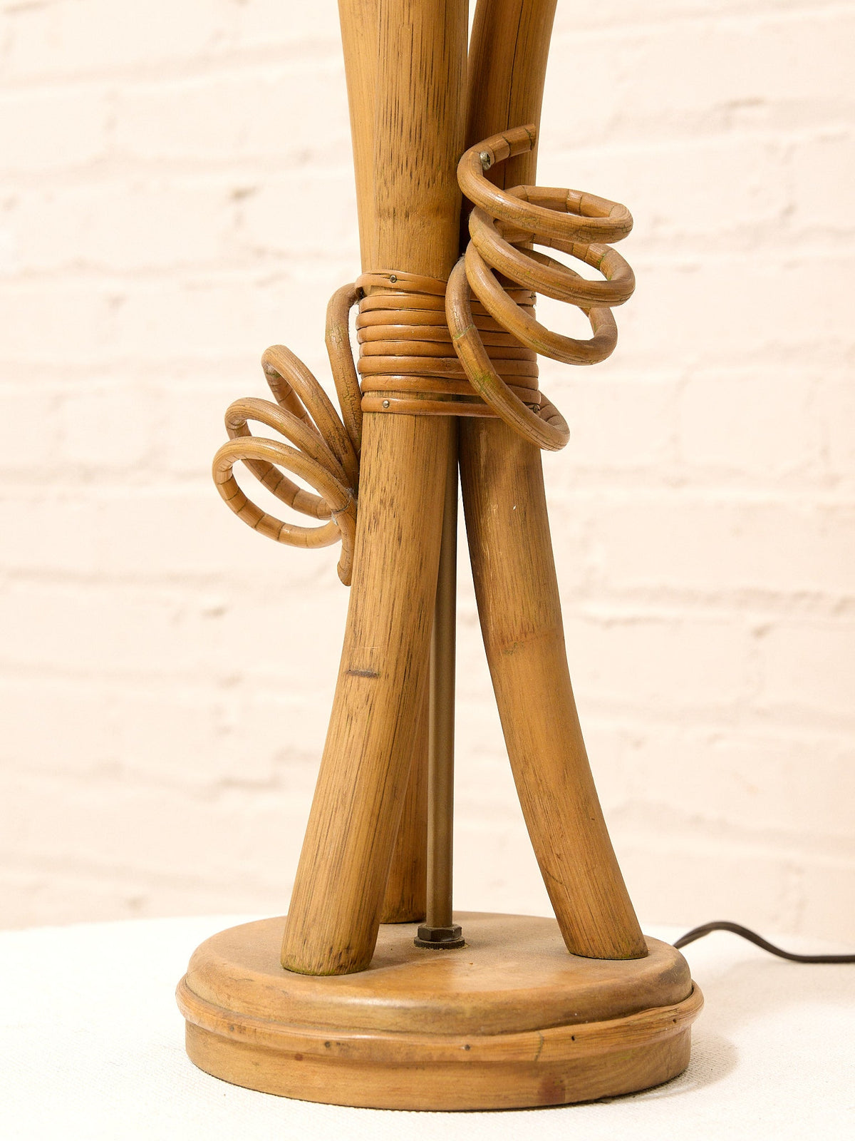 Vintage Sculptural Wood Table Lamp with Woven Shade