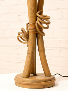 Vintage Sculptural Wood Table Lamp with Woven Shade
