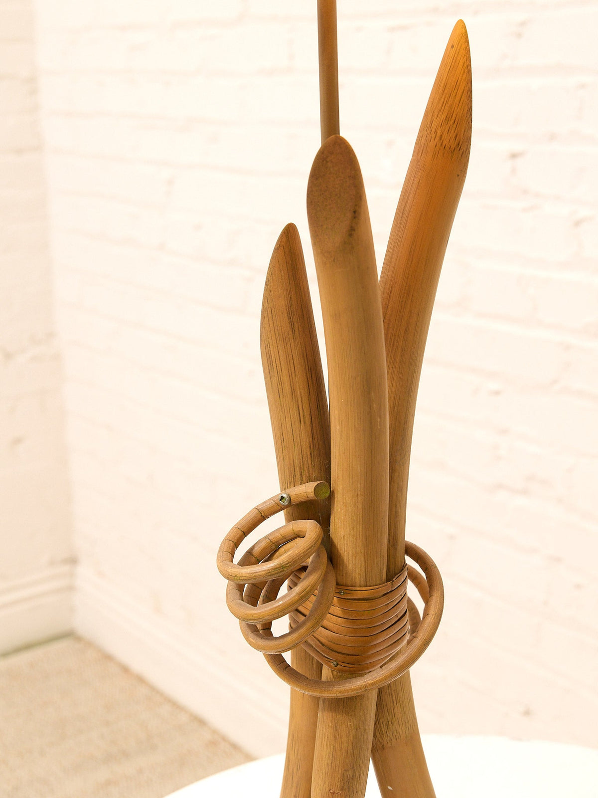 Vintage Sculptural Wood Table Lamp with Woven Shade