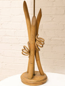 Vintage Sculptural Wood Table Lamp with Woven Shade