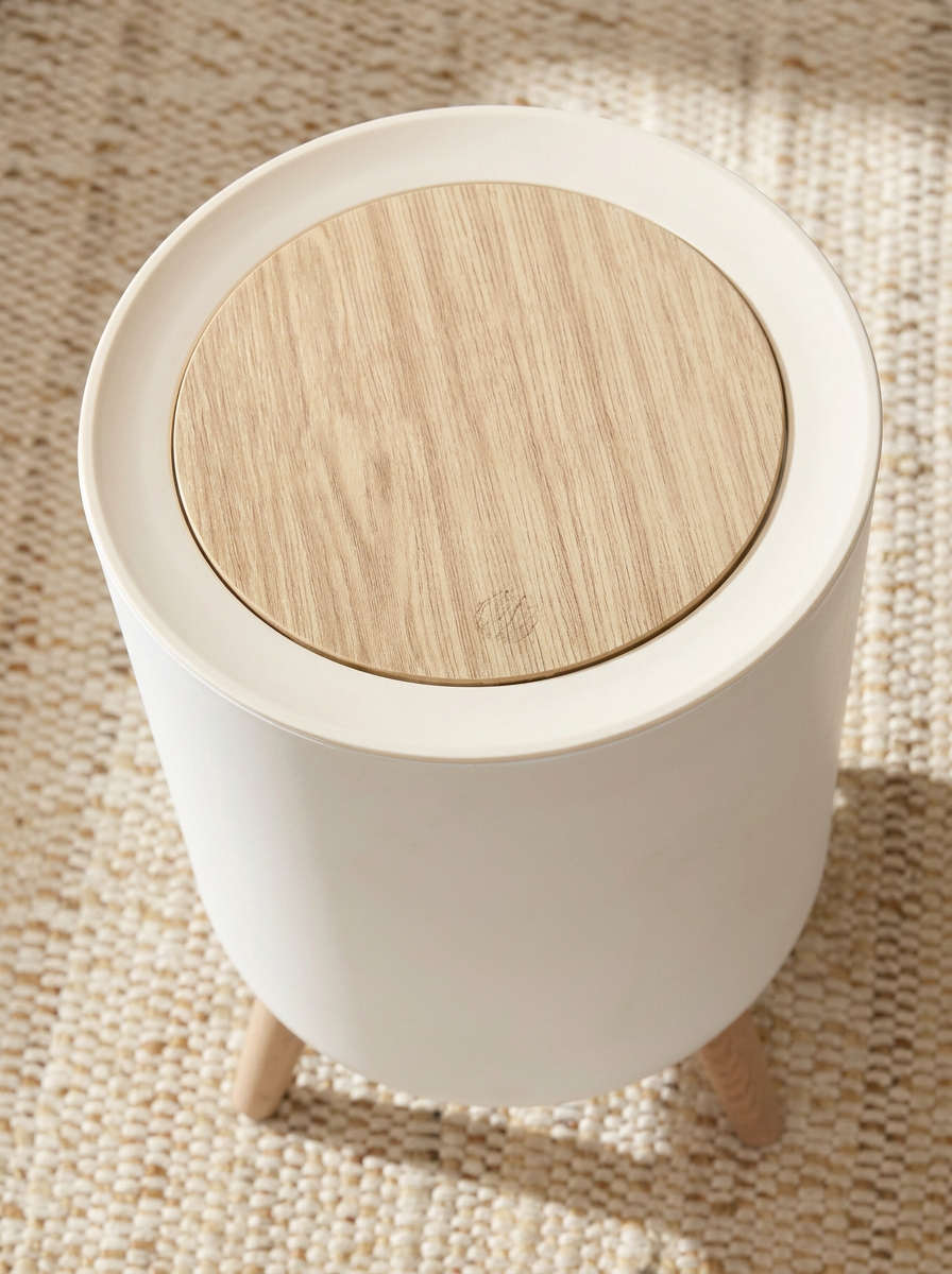 Modern White Trash Can with Wood Lid & Legs