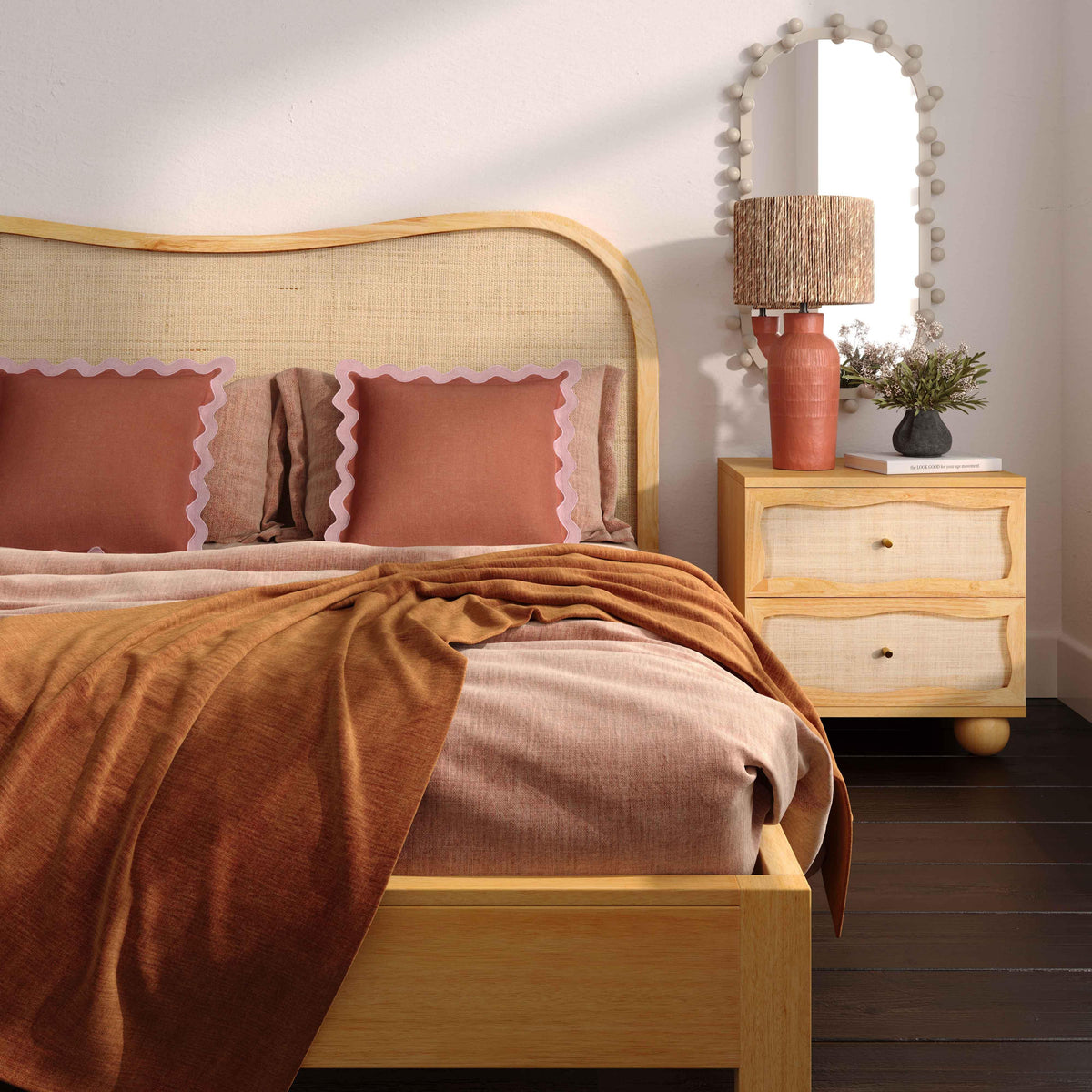 Grappa 22" Wood & Raffia Wavy 2-Drawer Nightstand