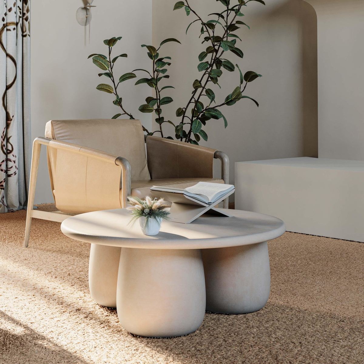 Rahul 34" Cream Lightweight Faux Stone Round Coffee Table