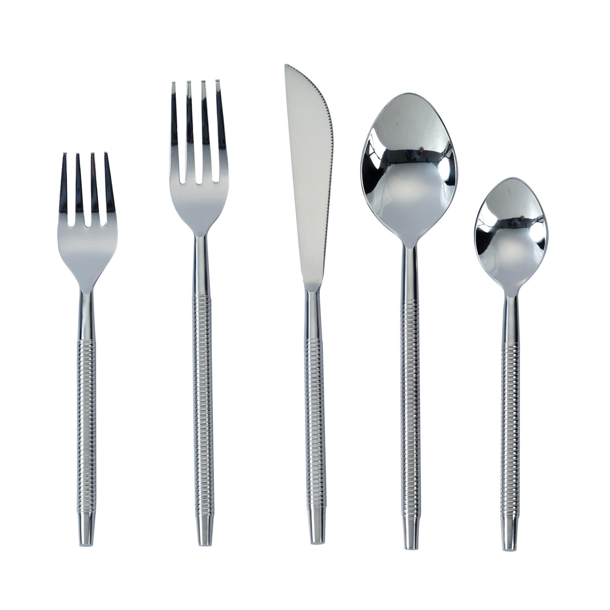 Ribbed Silver Stainless Steel Flatware - Set of 5 Pieces - Service For 1
