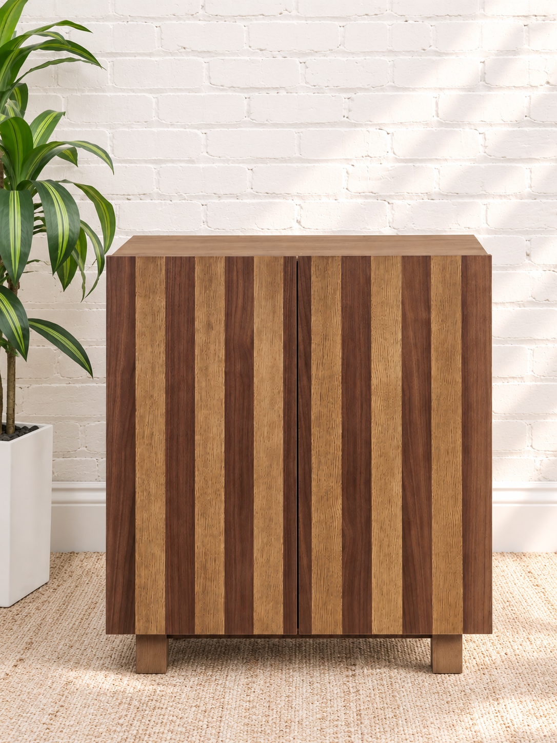 Veda Striped Bar Cabinet in Warm Oak
