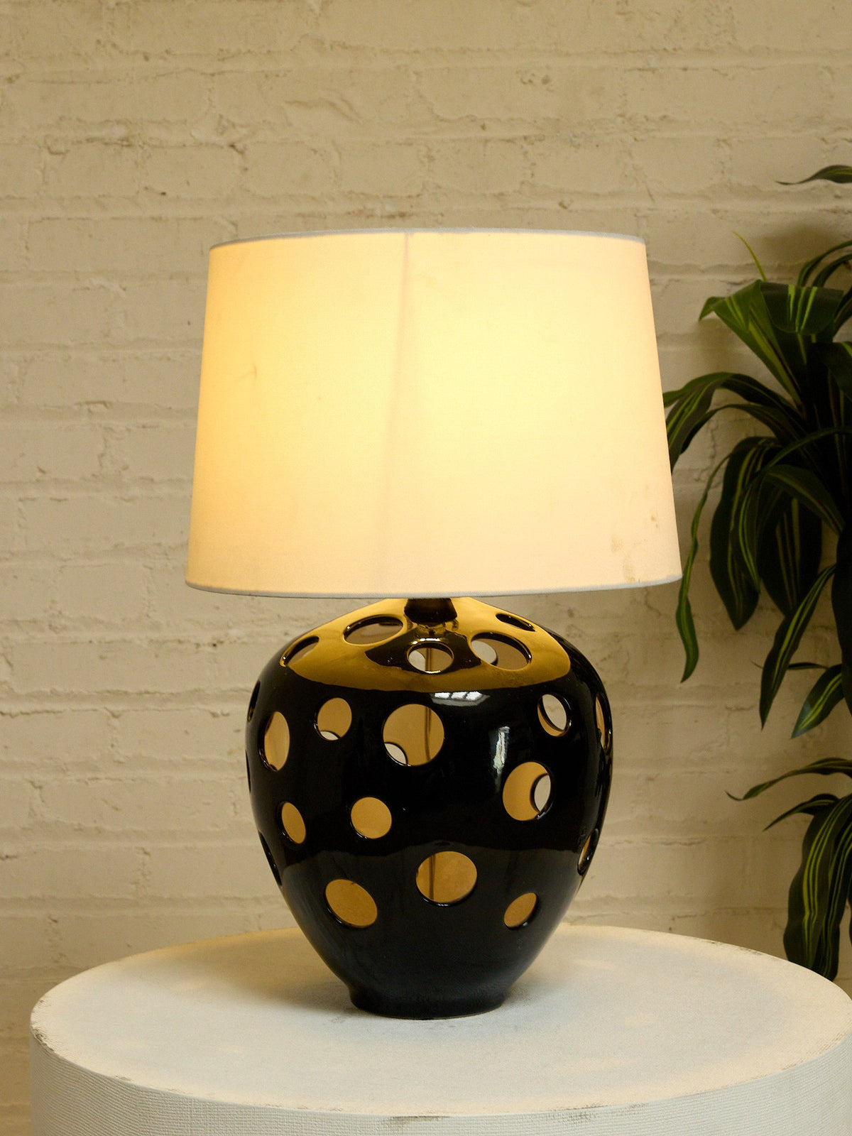 Vintage Pierced Black Ceramic Table Lamp with Cutout Globe Base
