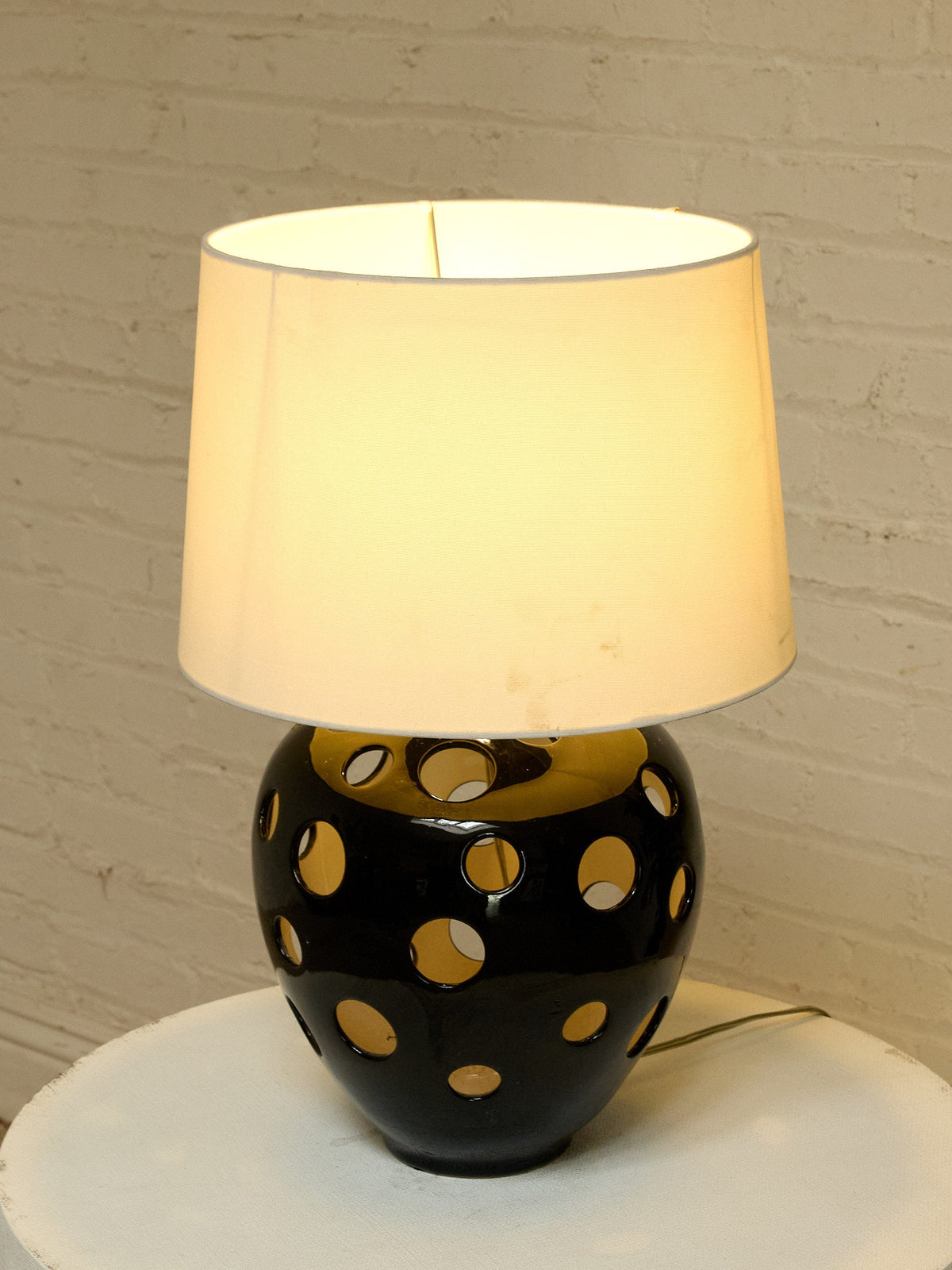 Vintage Pierced Black Ceramic Table Lamp with Cutout Globe Base