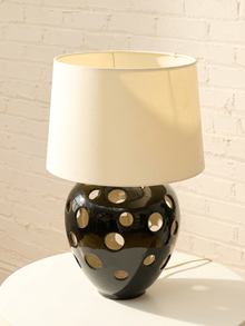 Vintage Pierced Black Ceramic Table Lamp with Cutout Globe Base