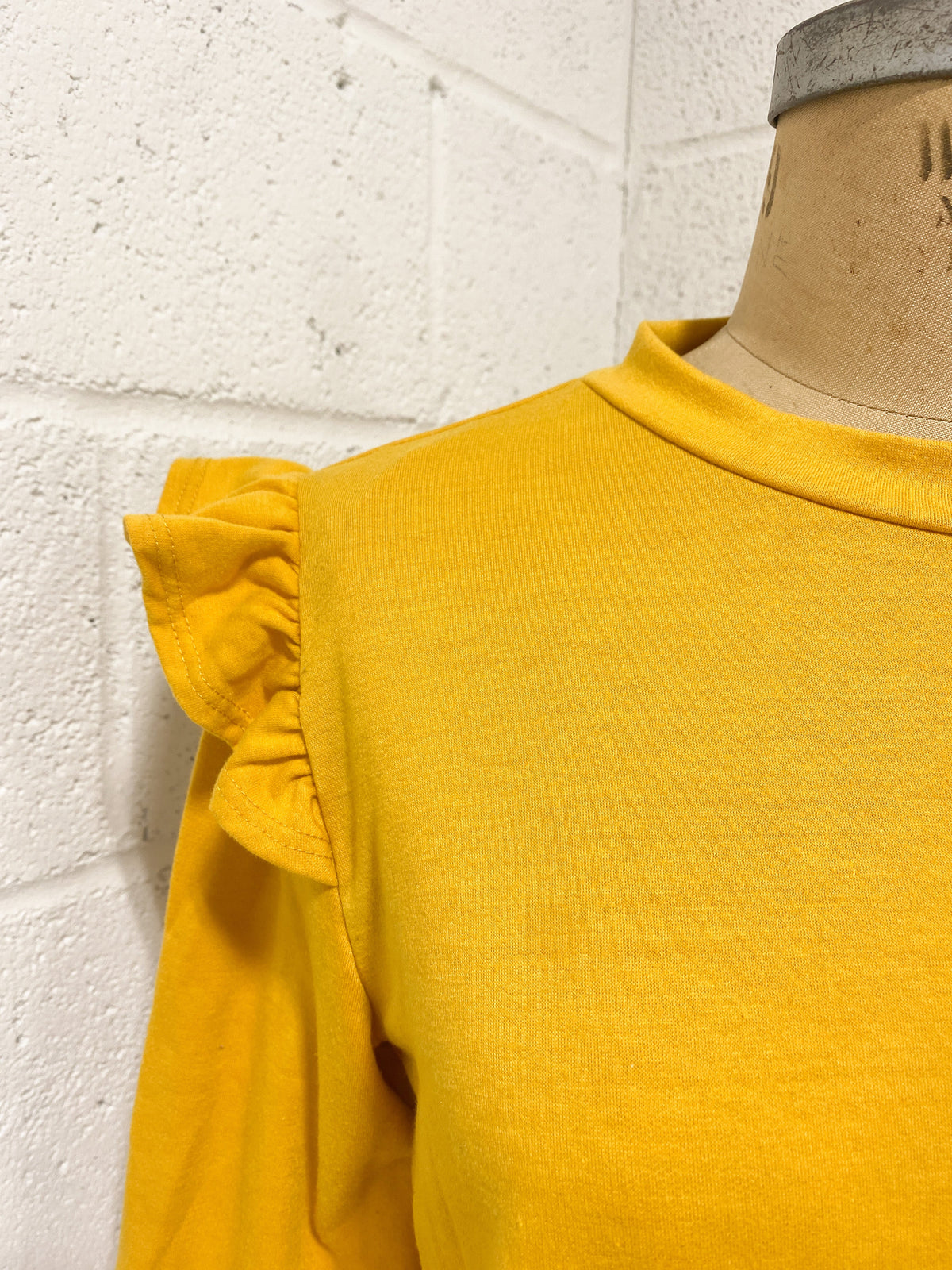 Mustard Knit Blouse with Ruffled Shoulder Detail (L)