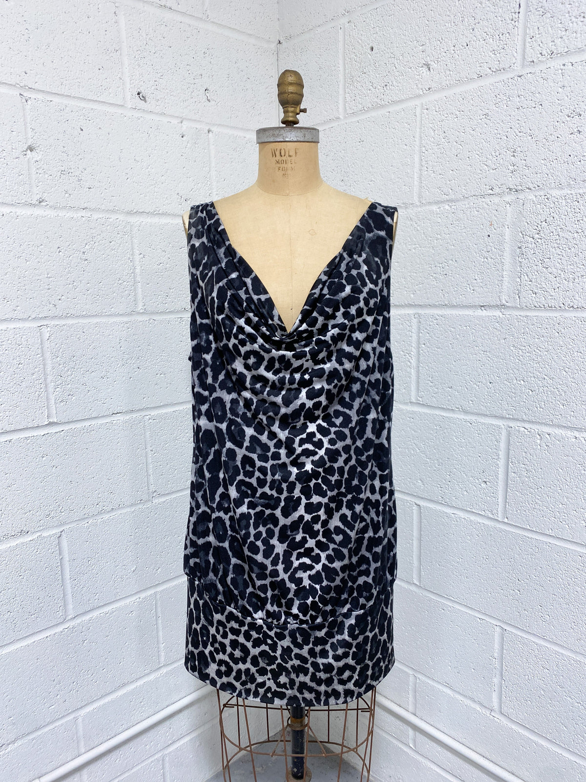 Grey Animal Print Dress with Draped Neckline