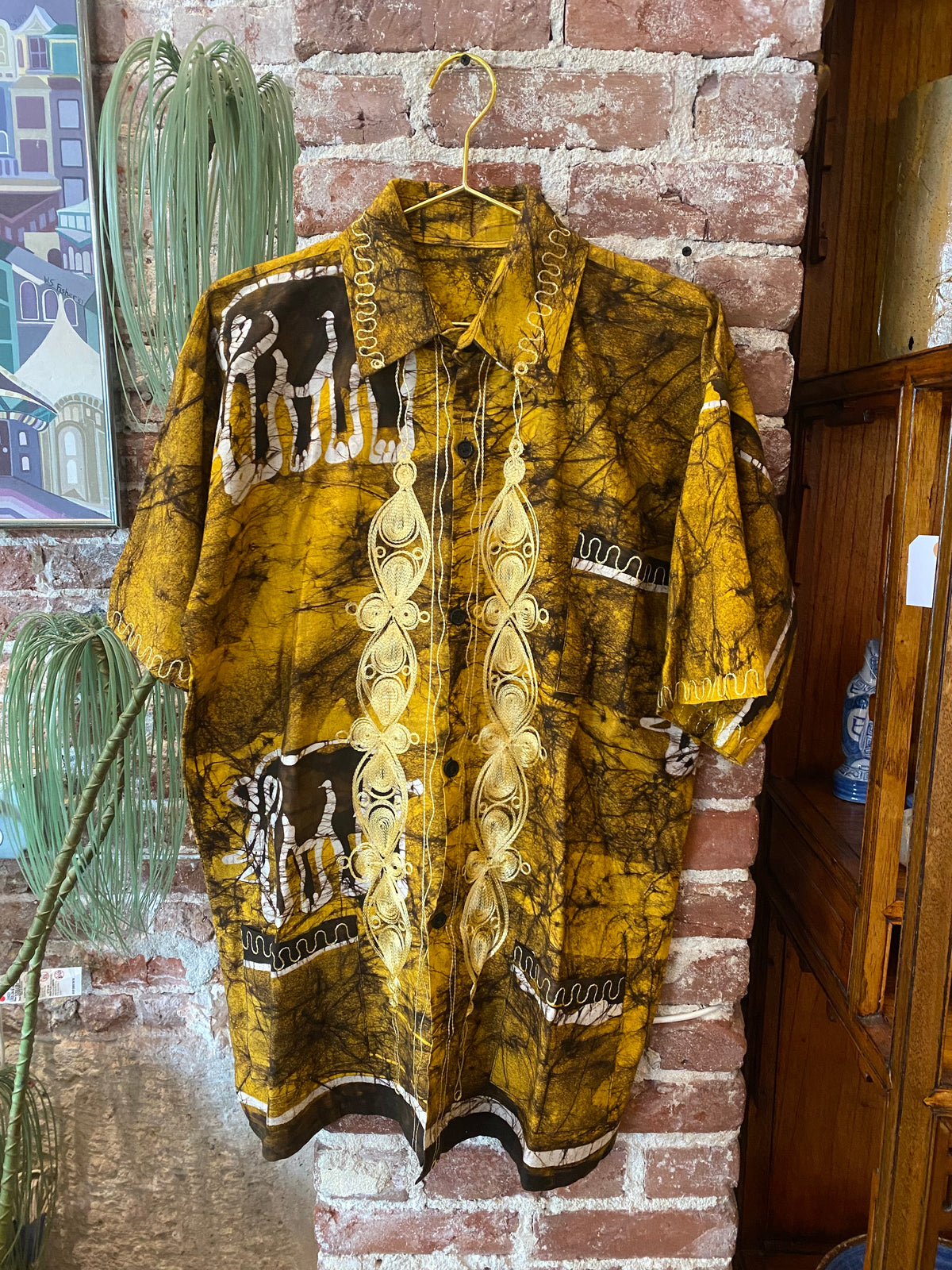 Vintage Gold Hawaiian Shirt with Elephant Motif