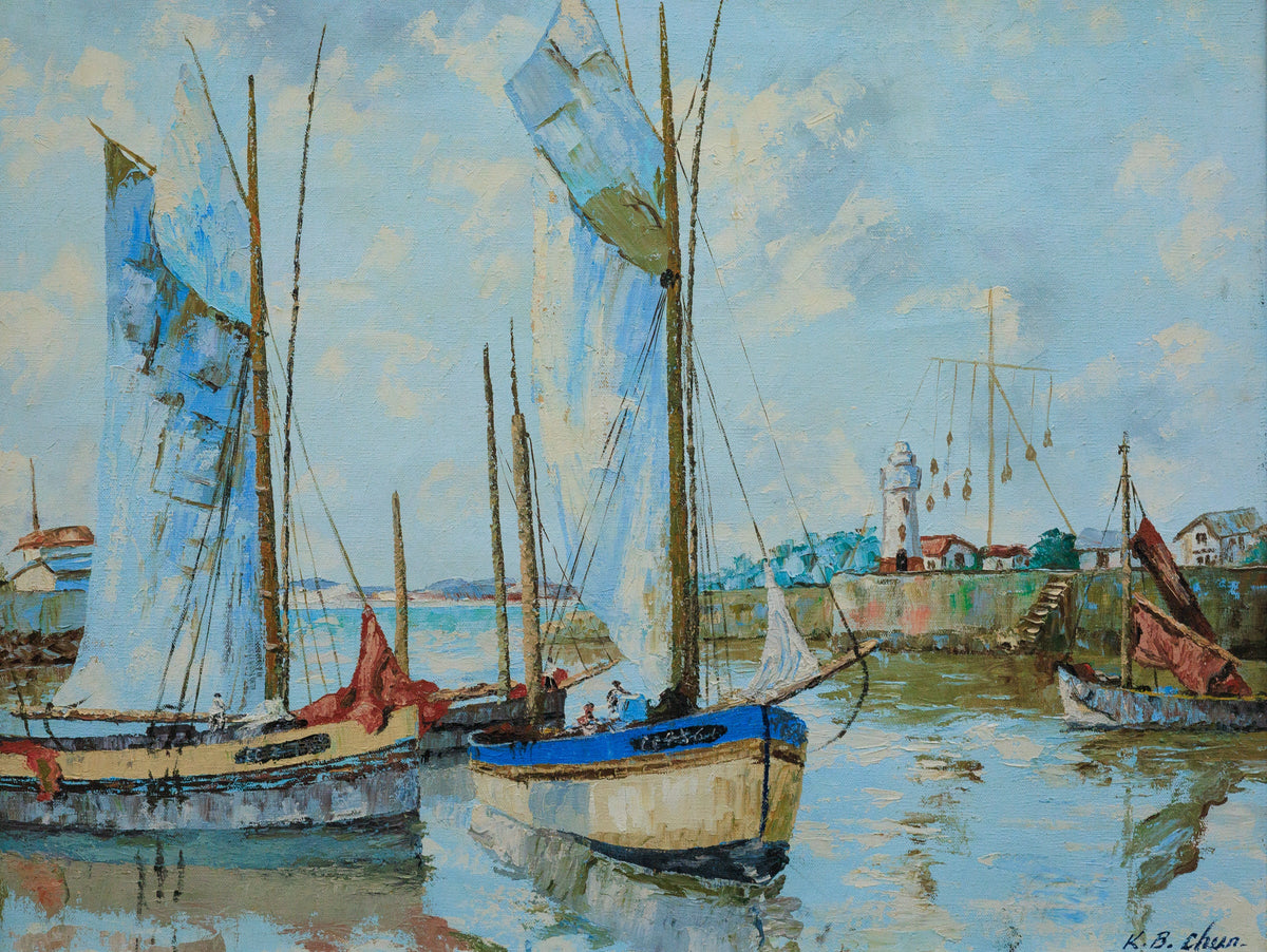 Original vintage impressionist nautical painting by KB Chun